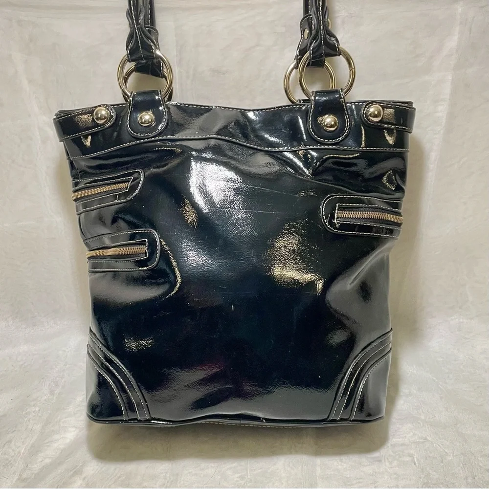 Kathy Van Zeeland Black Patent Shoulder Bag with Gold Accemts